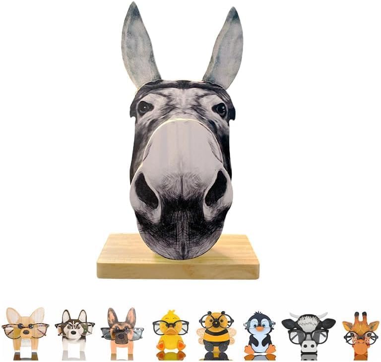 HyeeArt Wooden Animal Glasses Holder , Newsukie - Cute Solid Pine Wood Eyeglasses Stand,Carving Sunglasses Eyeglass Display Stand,Newsukie Creative Gift Glasses Holder for Desk (Flowers Highland Cow) (Donkey) - Image 1
